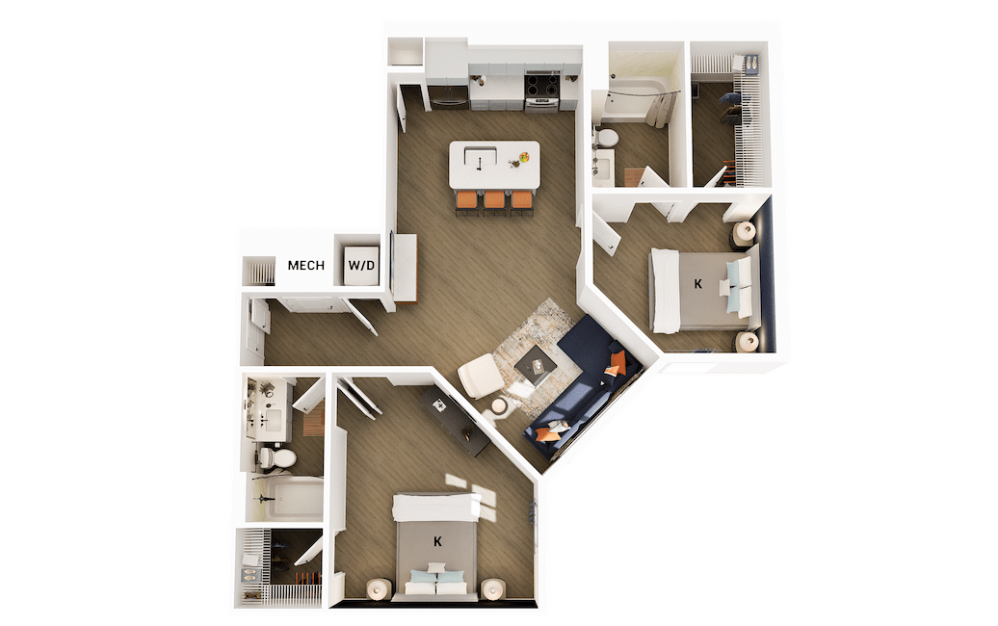 B2 - 2 bedroom floorplan layout with 2 bathrooms and 1058 square feet