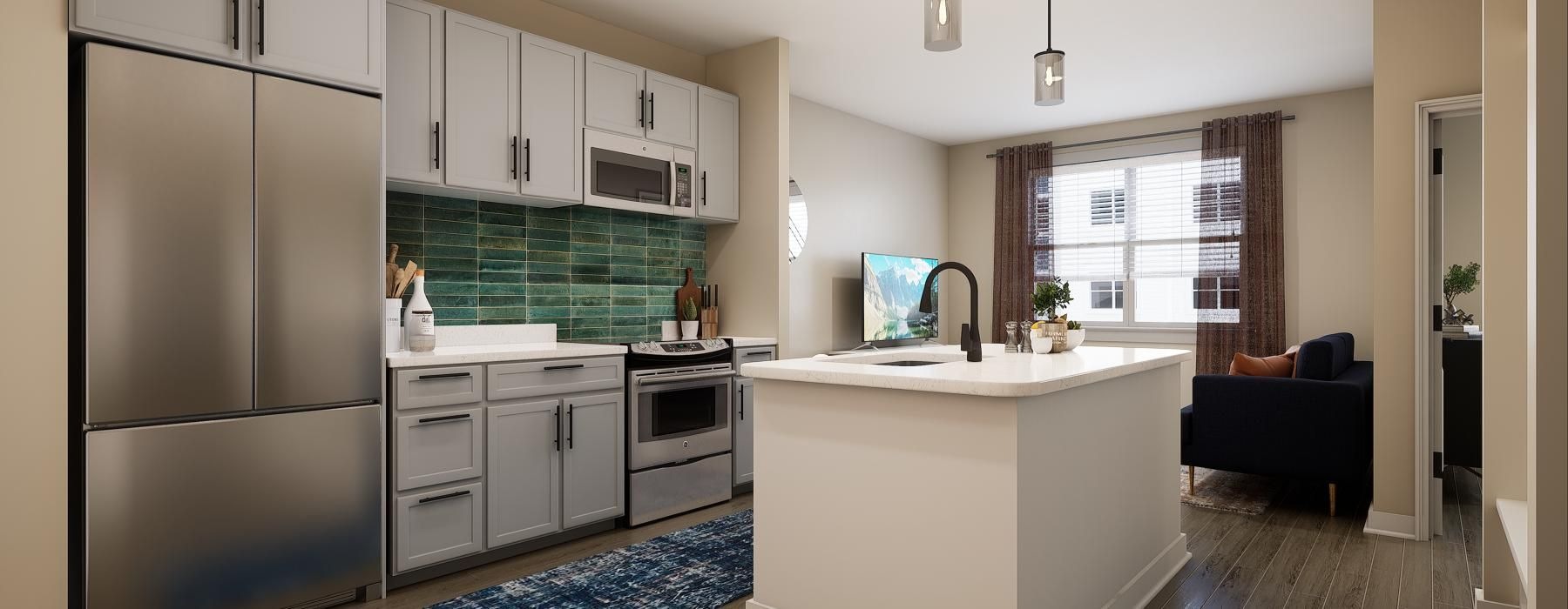 a kitchen with white cabinets