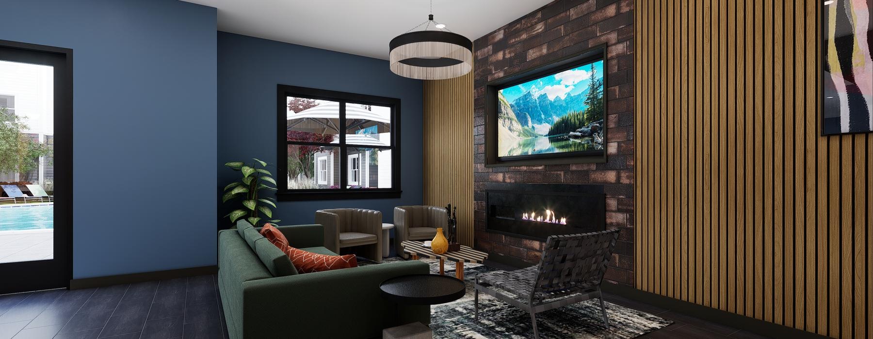 lounge area with a TV and wooden accents